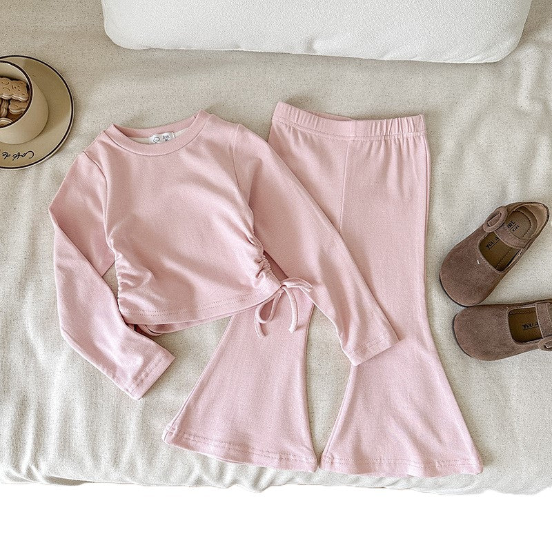 (In Production)Girls Fall&Winter Solid Color Top Flare Pants Set