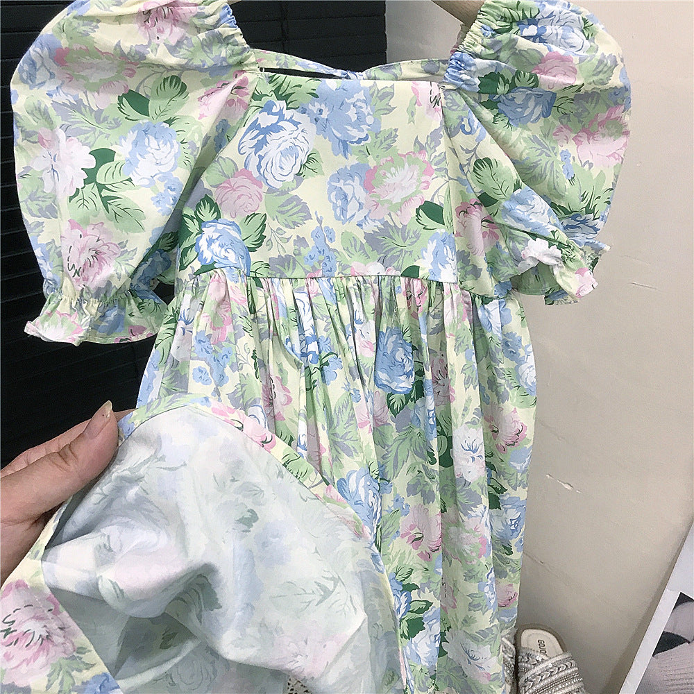(In Production)Girls Spring&Summer Floral Print Backless Dress