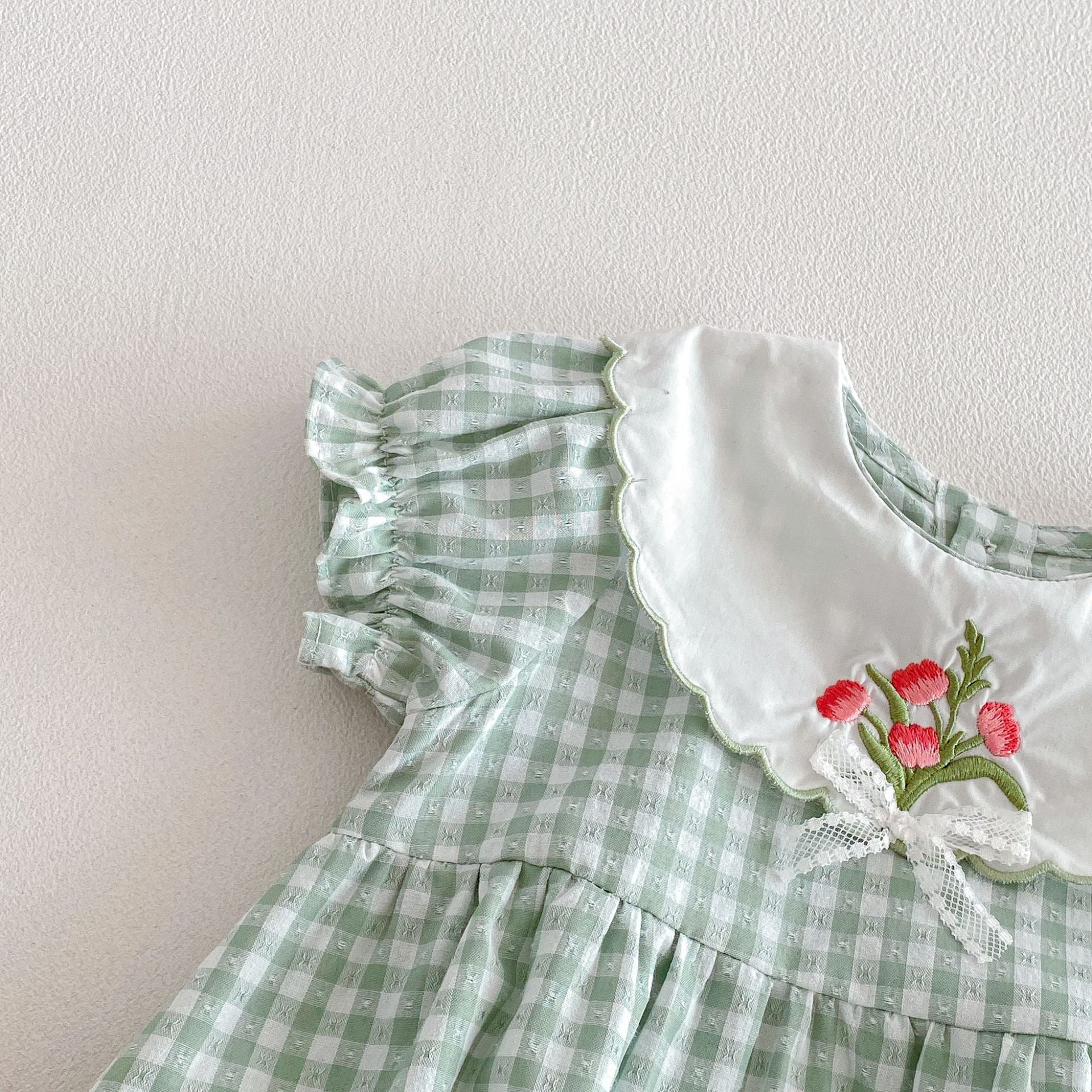 (In Production)Sisters Summer Floral Embroidery Scallop Collar Dress&Romper