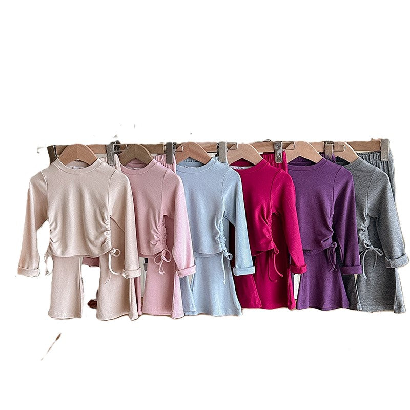 (In Production)Girls Fall&Winter Solid Color Top Flare Pants Set