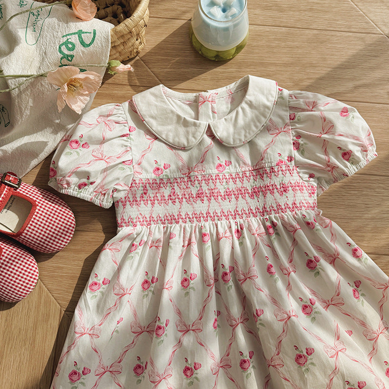 (In Production)Girls Spring&Summer Rose Print Smocked Dress