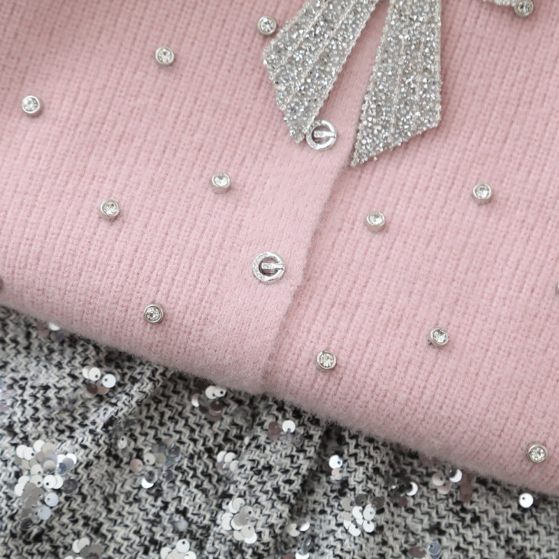 (In Production)Girls Fall&Winter Cardigan Sequin Skirt Set