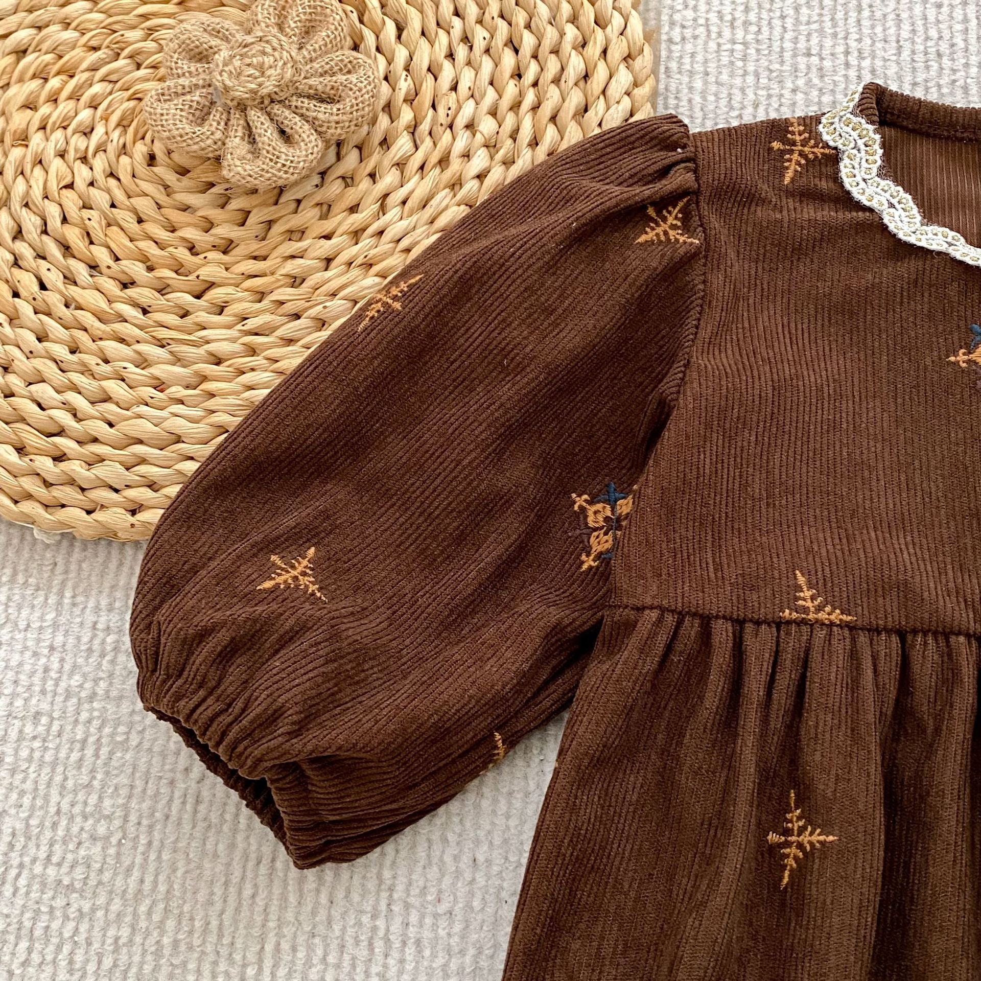 (Pre Order 2 Weeks)Sisters Fall Embroidery Brown Corduroy Dress&Romper