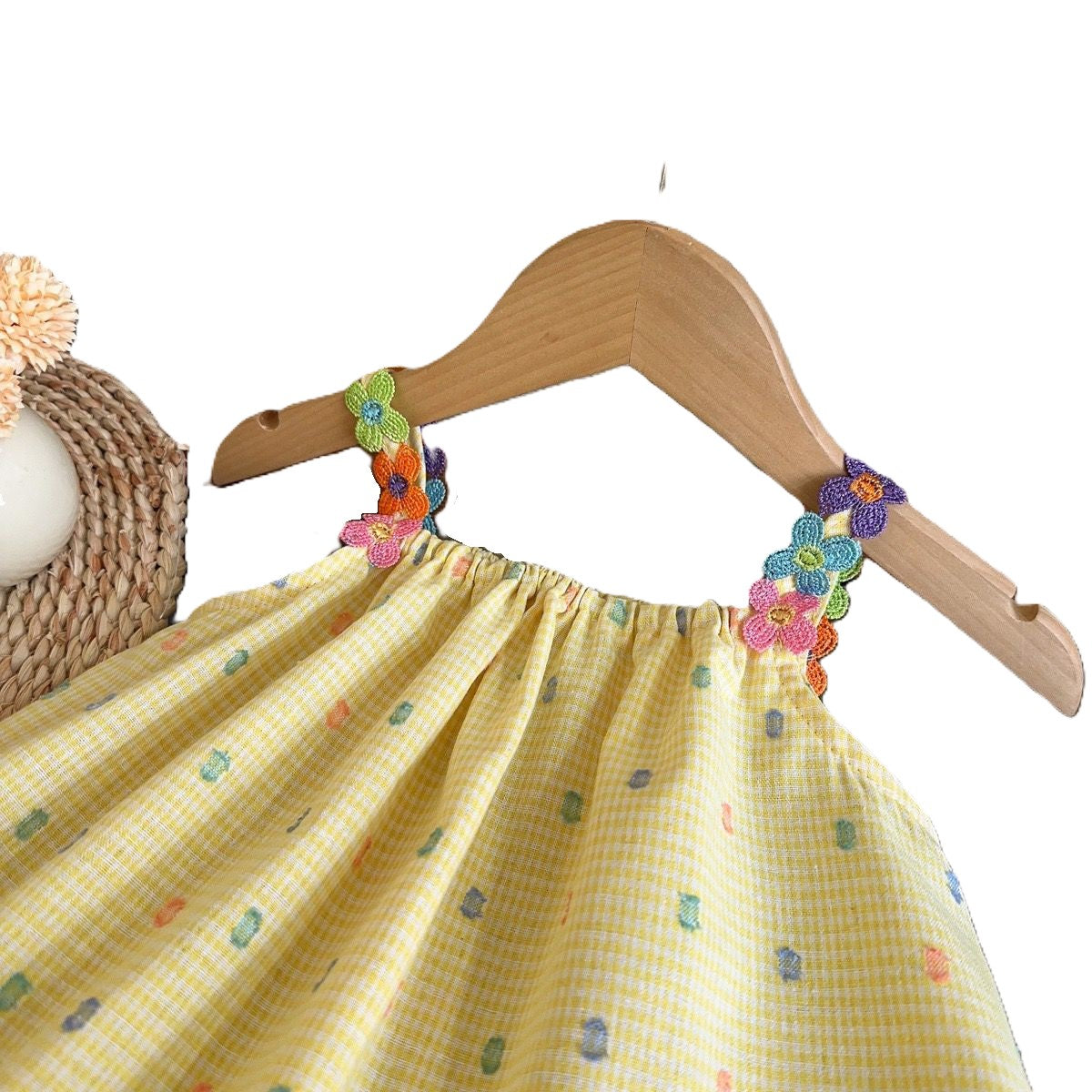 (Pre Order)Girls Spring and Summer Colorful Polka Dot Yellow Slip Dress with Bag