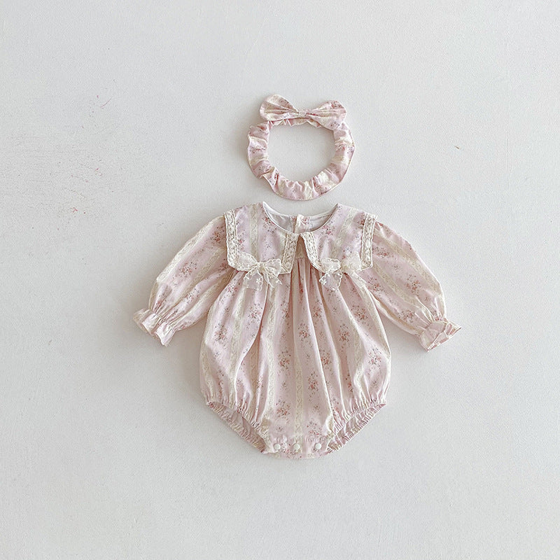 (In Production)Sisters Fall Floral Print Lace Bow Ruffle Dress&Romper