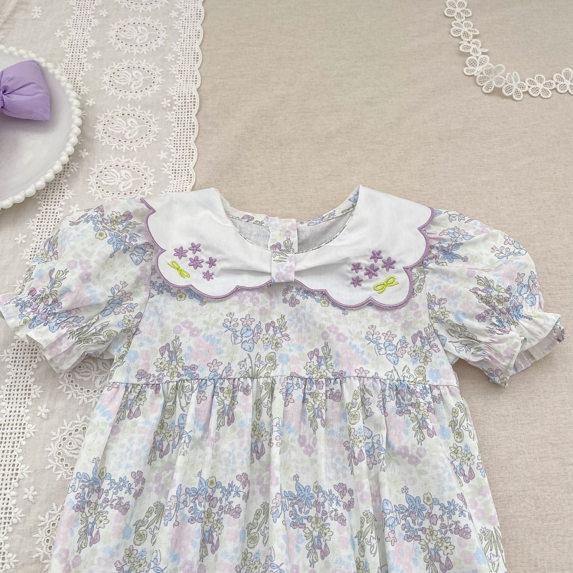 (Pre Order 2 Weeks)Sisters Lavender Embroidery Scallop Collar Dress&Romper