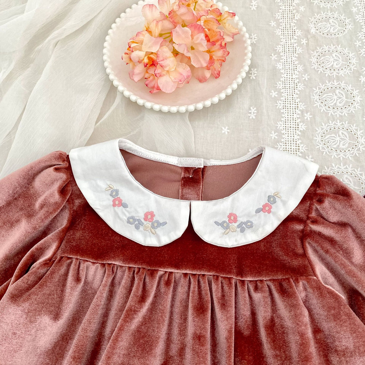 (Pre Order 2 Weeks)Sisters Fall Embroidery Collar Velvet Dress