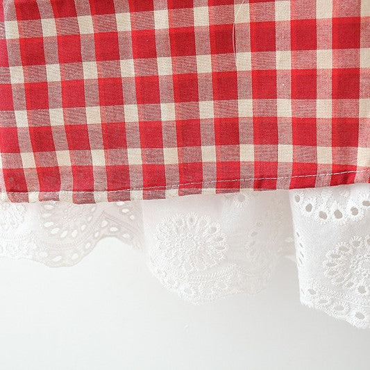 (In Production)Girls Spring and Summer Red Plaid Dress with Straw Hat