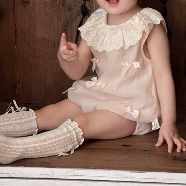 (In Production)Toddler Girls Spring&Summer Bow Lace Doll Collar Romper