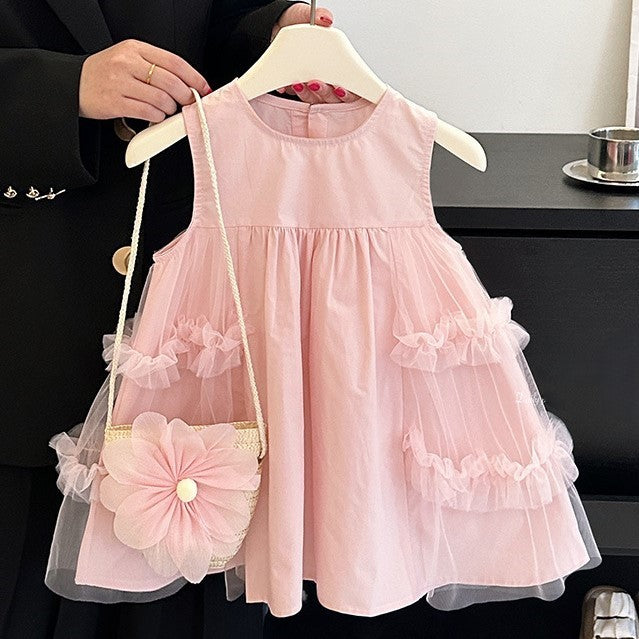 (In Production)Girls Spring&Summer Solid Color Dress with Bag