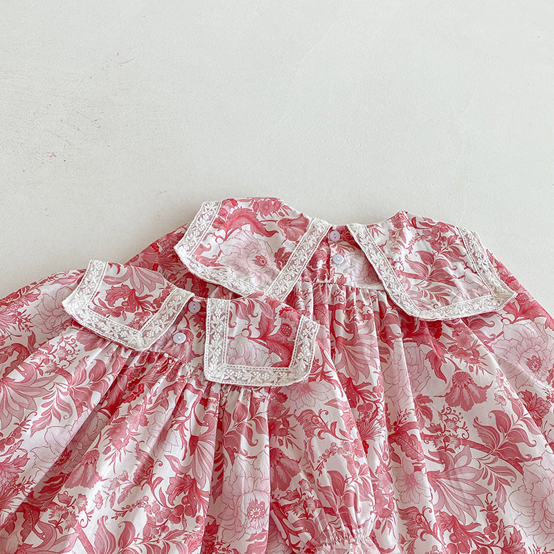 (Pre Order 2 Weeks)Sisters Fall Pink Floral Print Collar Dress&Romper