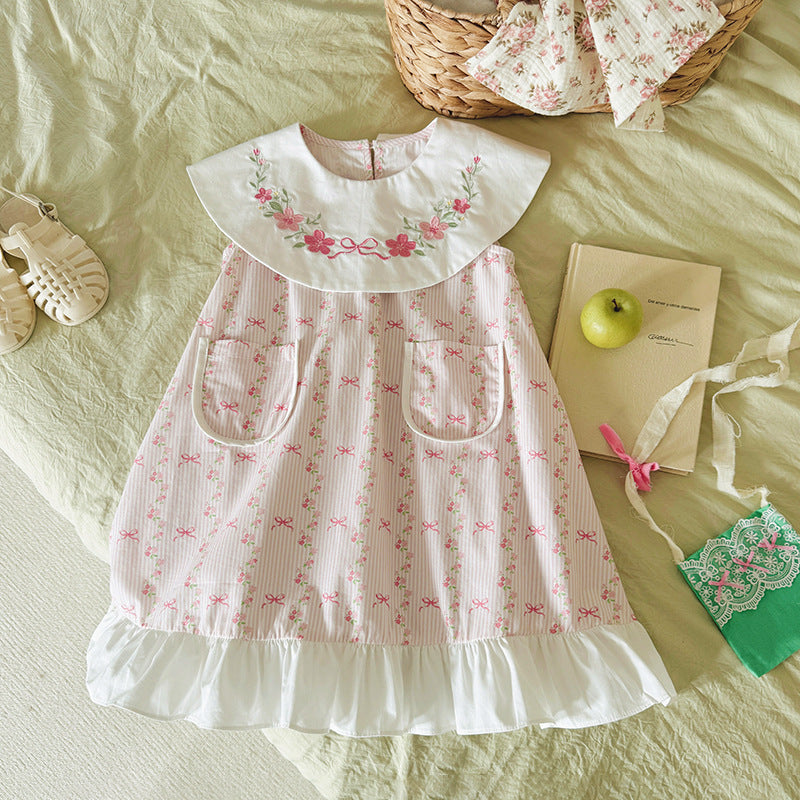 (In Production)Girls Spring&Summer Floral Embroidery Dress with Pockets