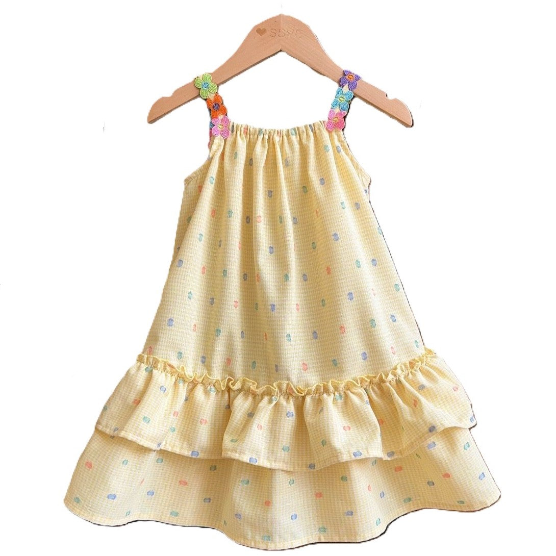 (Pre Order)Girls Spring and Summer Colorful Polka Dot Yellow Slip Dress with Bag