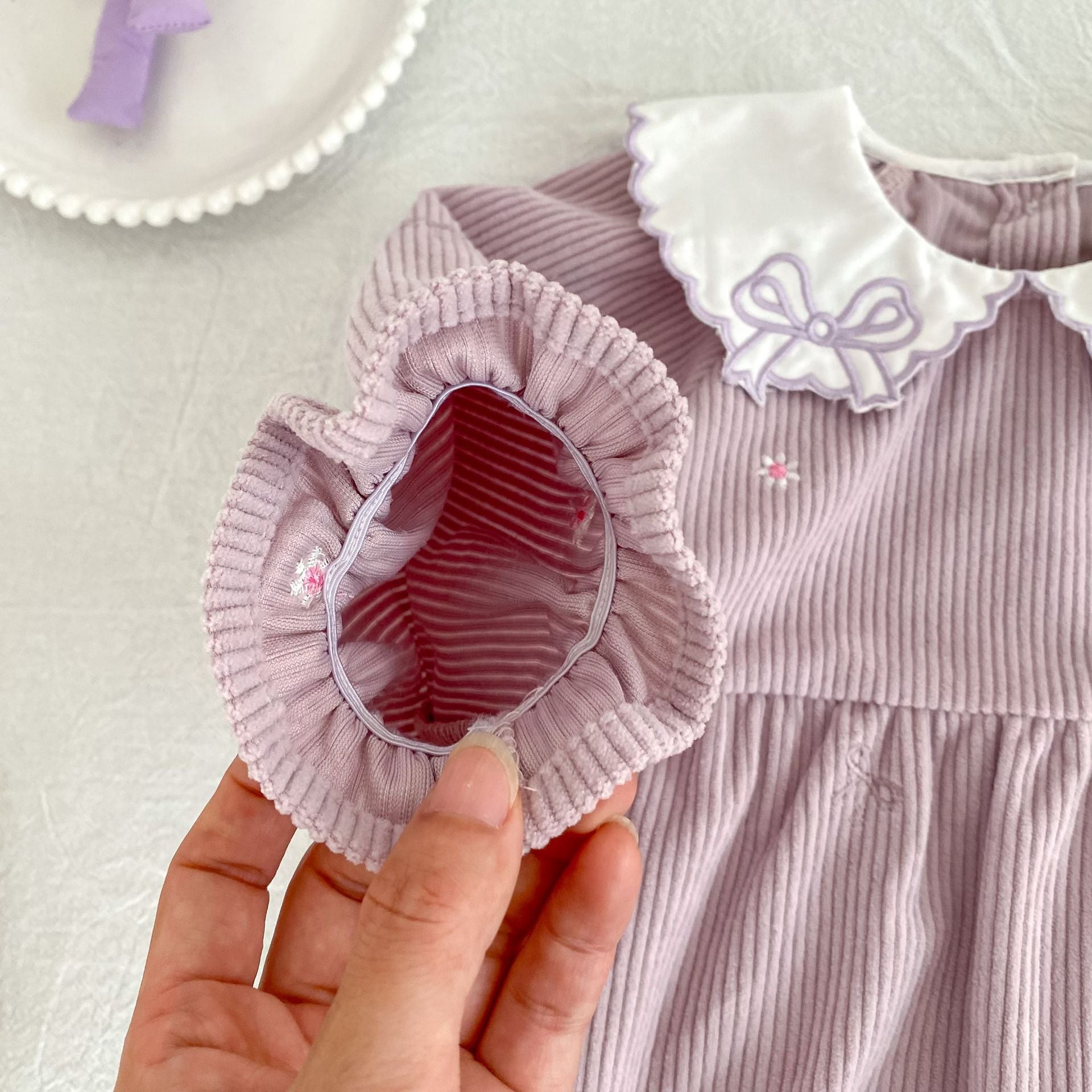 (Pre Order 2 Weeks)Sisters Fall Bow Embroidery Collar Corduroy Dress&Romper