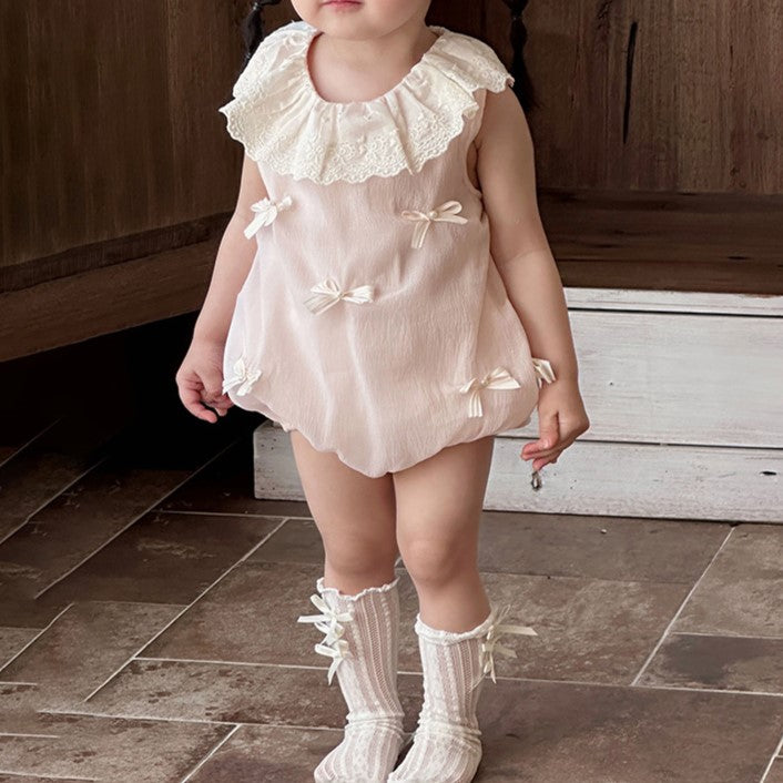 (In Production)Toddler Girls Spring&Summer Bow Lace Doll Collar Romper
