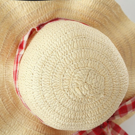 (In Production)Girls Spring and Summer Red Plaid Dress with Straw Hat