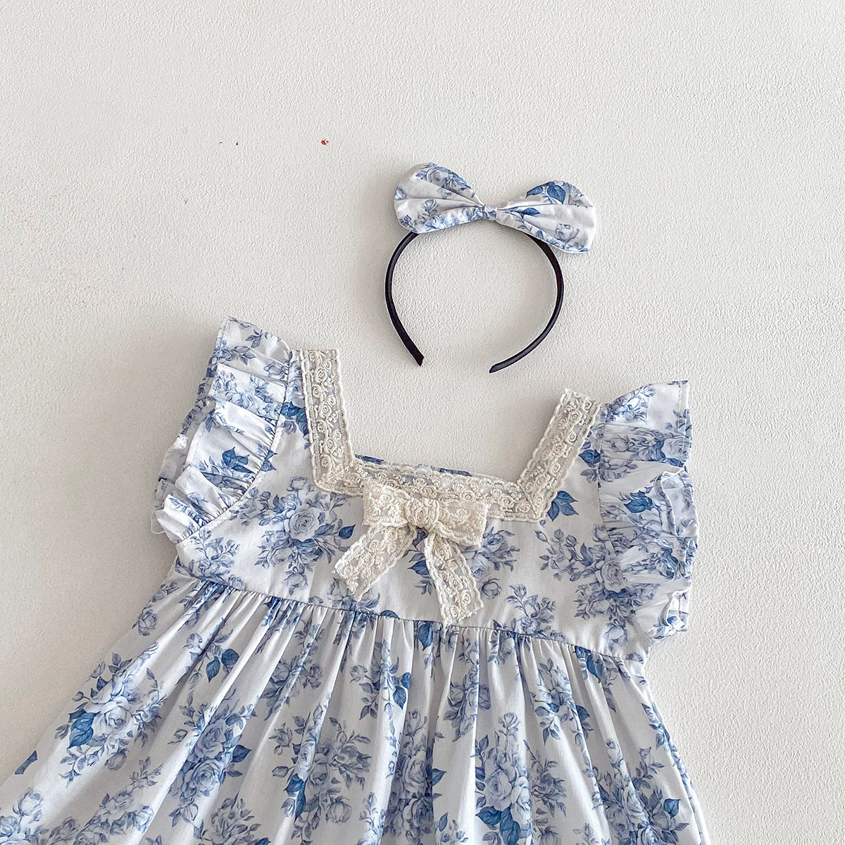 (In Production)Sisters Spring&Summer Blue Floral Print Dress,Romper
