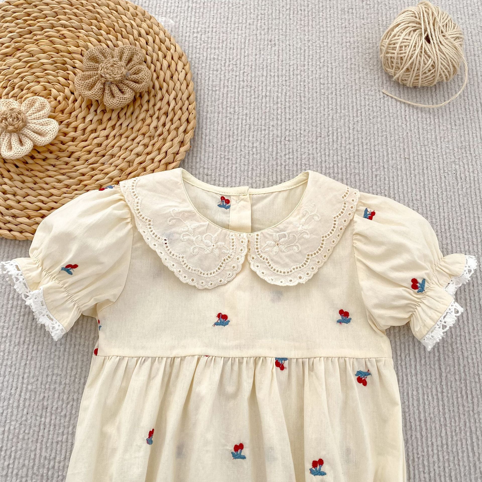 (Pre Order 2 Weeks)Sisters Cherry Embroidery Baby Collar Dress&Romper