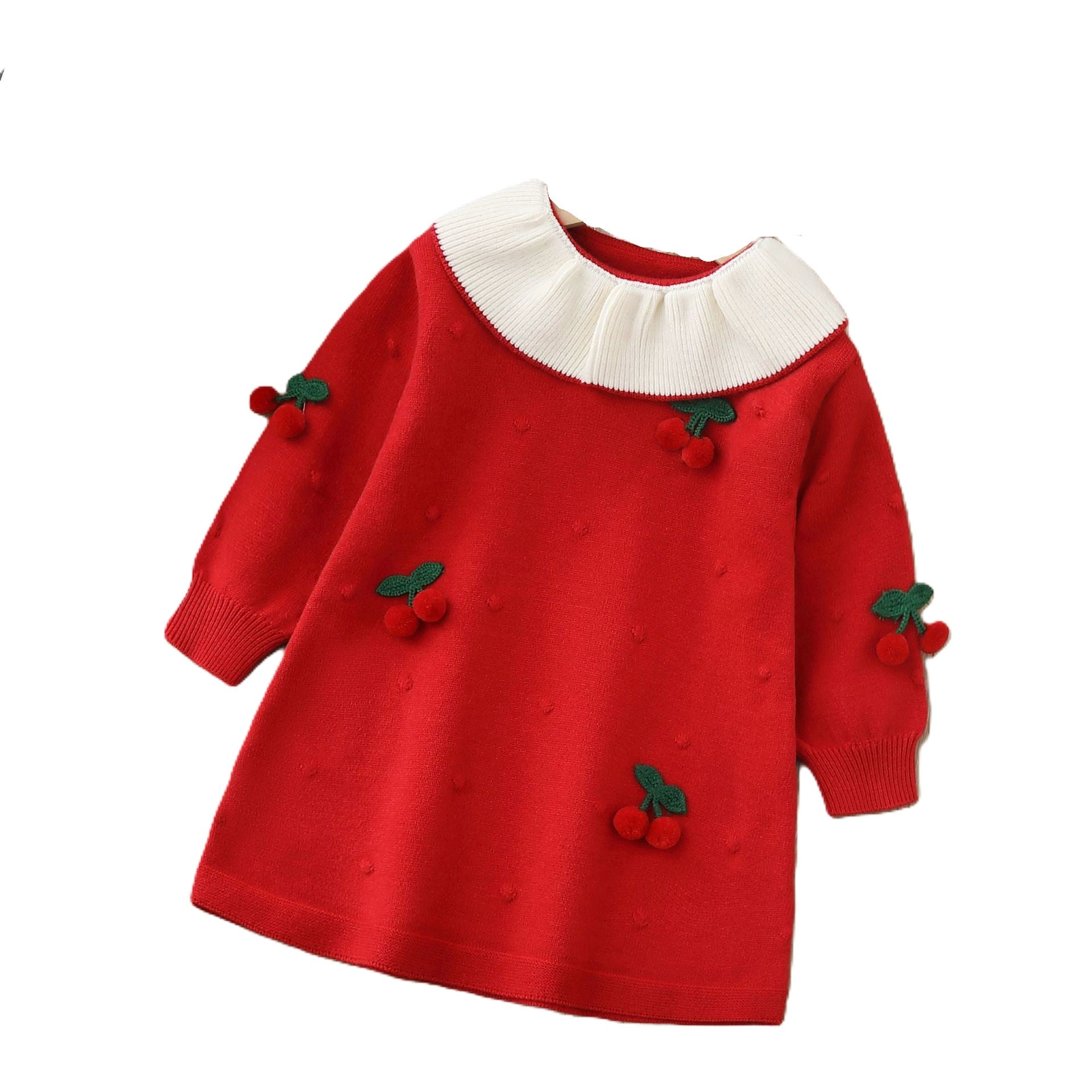 (In Production)Girls Christmas Red&Pink Cherry Doll Collar Sweater