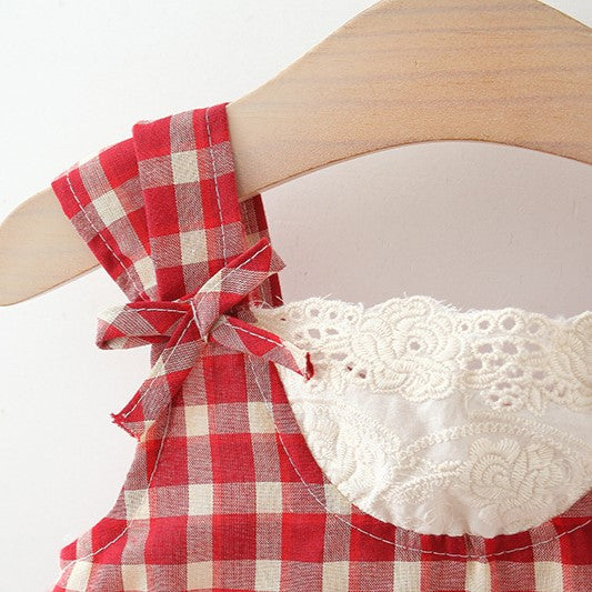 (In Production)Girls Spring and Summer Red Plaid Dress with Straw Hat
