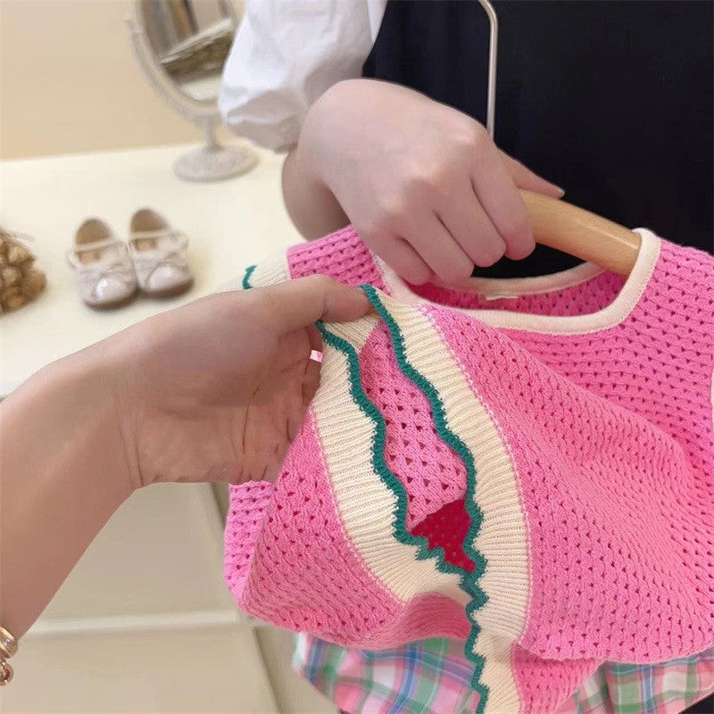 (In Production)Girls Spring&Summer Knitted Scallop Vest Plaid Shorts Set