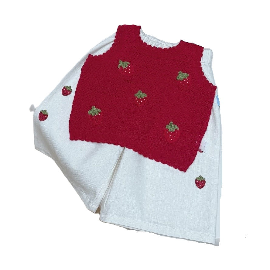 (In Production)Girls Spring&Summer Strawberry Embroidery Pants Set
