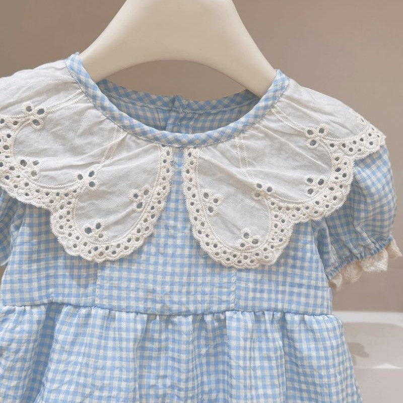 (In Production)Toddler Girls Spring&Summer Cotton Blue Plaid Romper