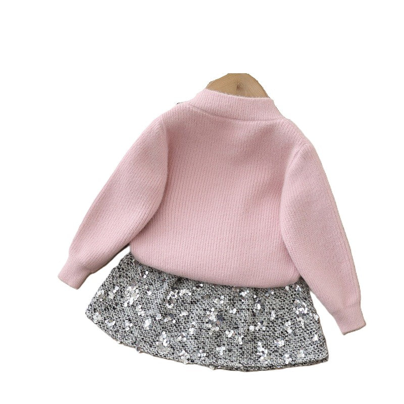(In Production)Girls Fall&Winter Cardigan Sequin Skirt Set