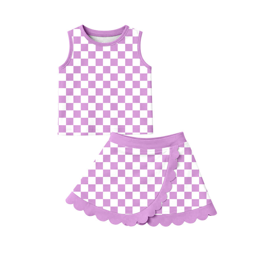 (In Production)Girls Spring&Summer Plaid Yoga Scallop Skort Set