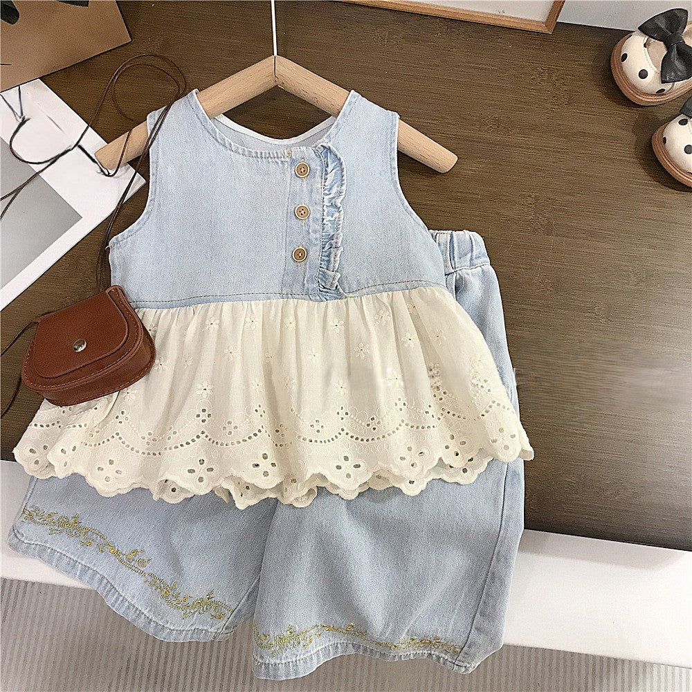 (In Production)Girls Spring&Summer Denim Lace Ruffle Embroidery Outfit Set