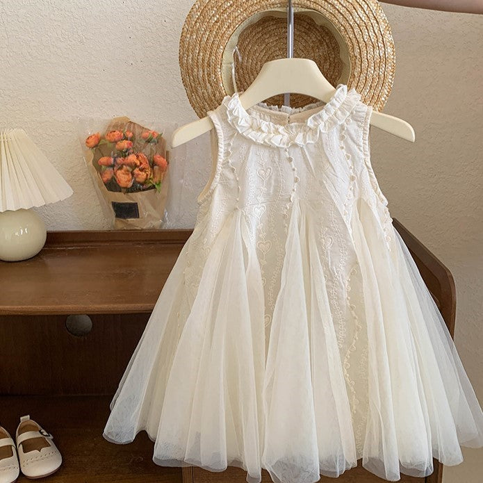 (In Production)Girls Spring&Summer Heart Embroidery Gauzy Dress