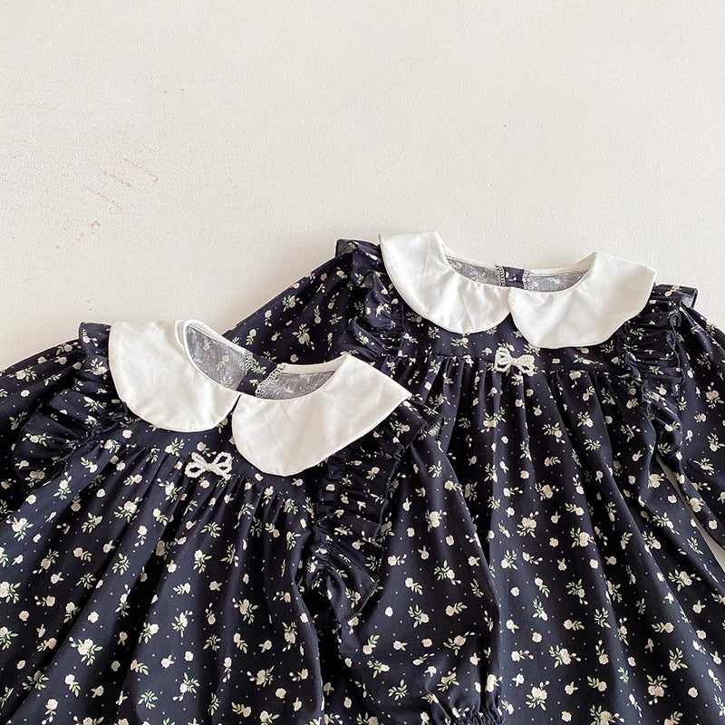 (Pre Order 2 Weeks)Sisters Fall Floral Print Baby Collar Dress&Romper