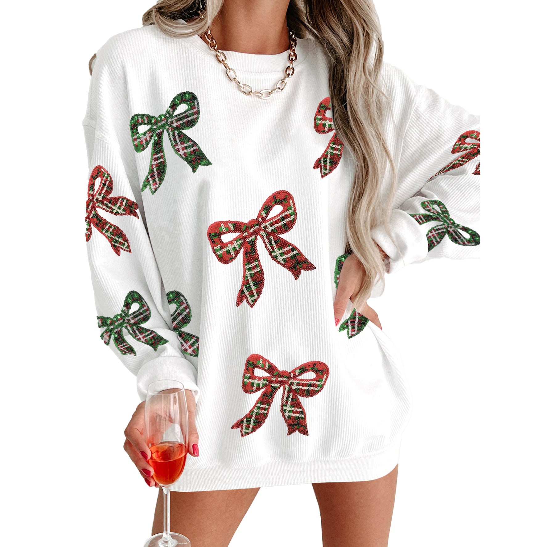 (Pre Order)Adults Christmas Bow Sequin Corduroy Sweatshirt