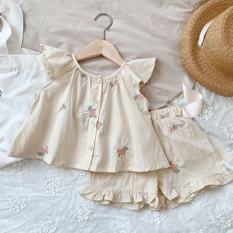 (In Production)Girls Spring&Summer Floral Embroidery Shorts Set