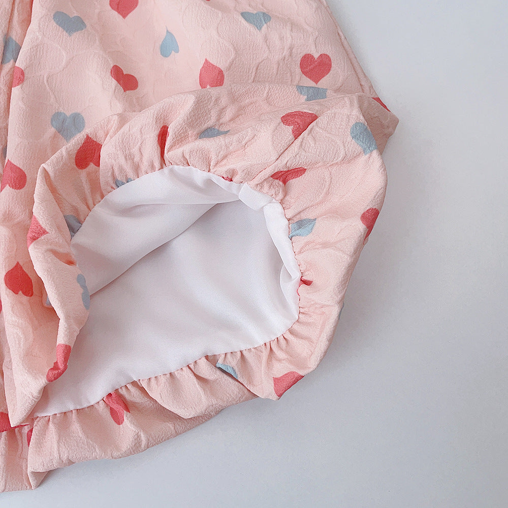 (In Production)Girls Spring and Summer Heart Print Smocked Shorts Set