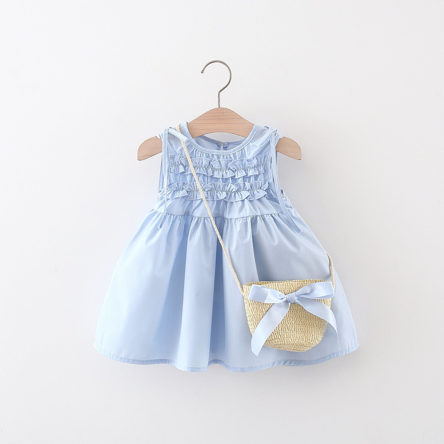 (In Production)Girls Spring and Summer Baby Blue Solid-color Dress with Bag