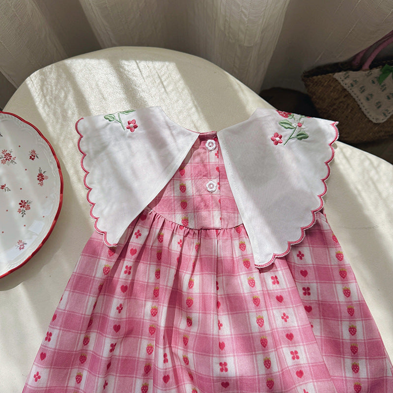 (In Production)Girls Spring&Summer Strawberry Embroidery Scallop Collar Dress