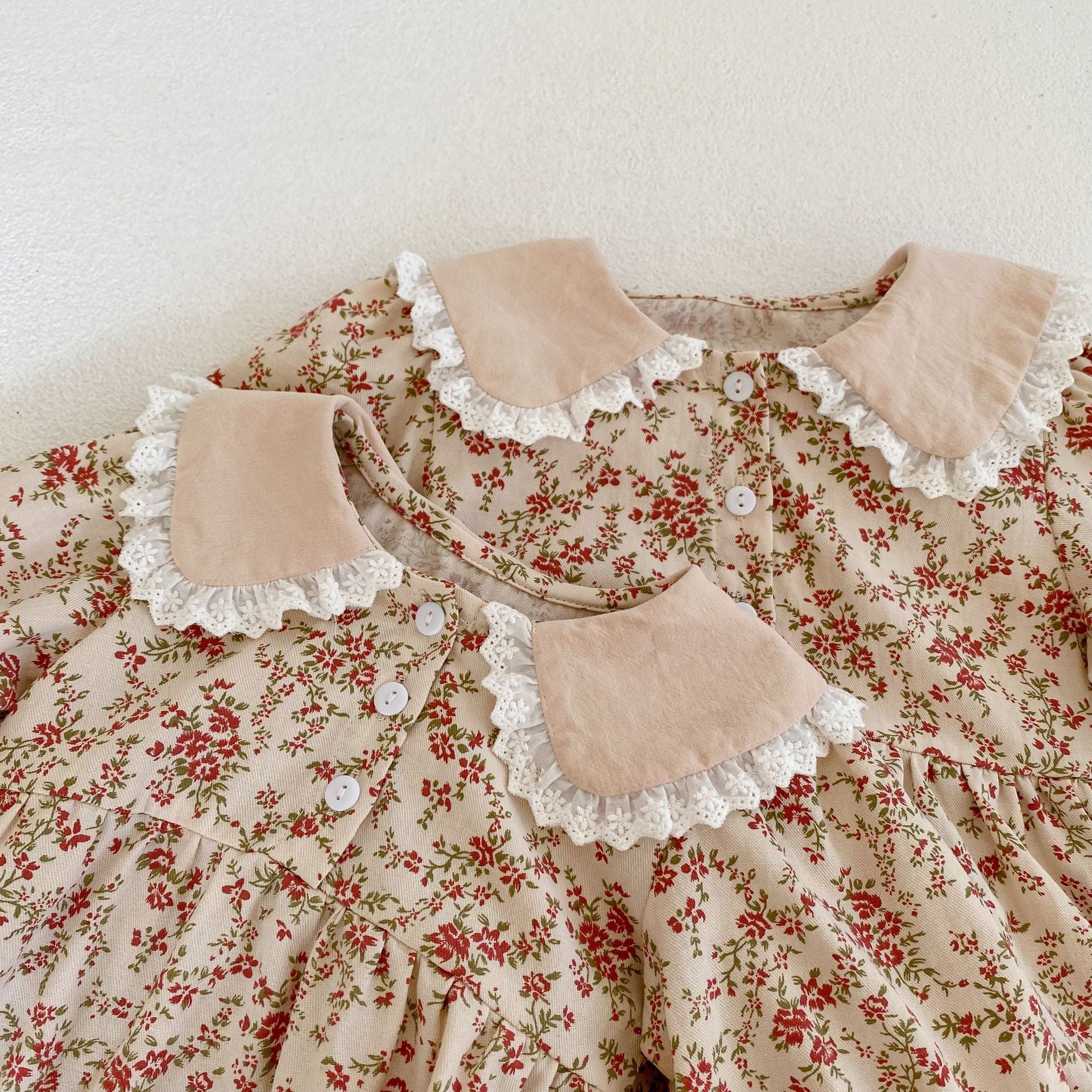 (In Production)Sisters Fall Floral Print Doll Collar Dress&Romper