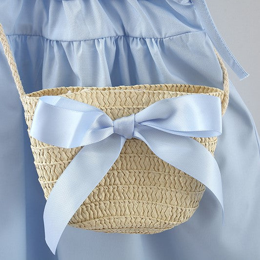 (In Production)Girls Spring and Summer Baby Blue Solid-color Dress with Bag