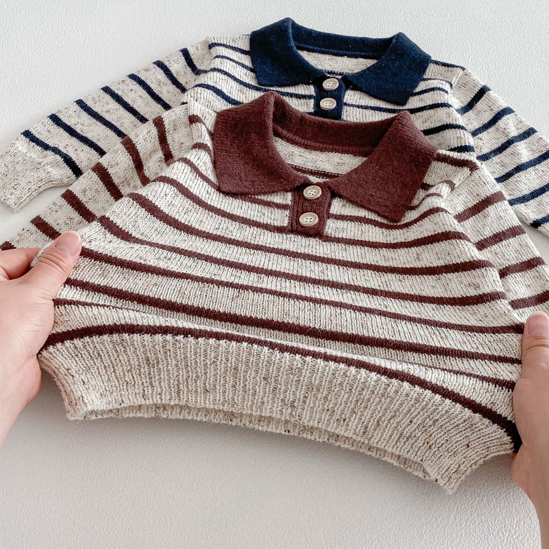 (Pre Order 2 Weeks)Unisex Fall Stripe Polo-neck Knitted Sweater
