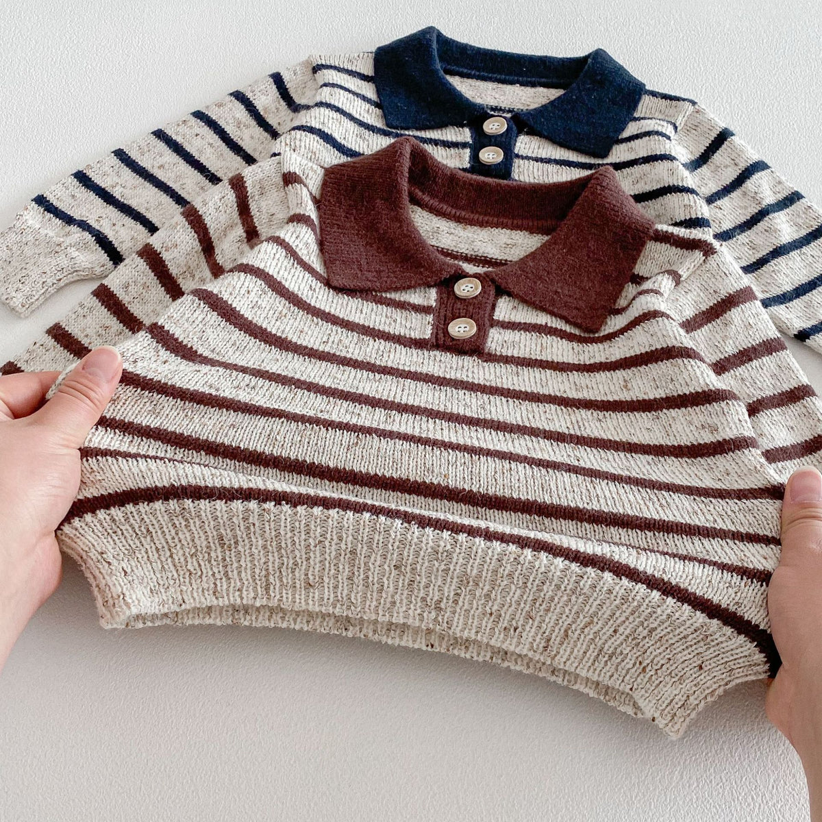(Pre Order 2 Weeks)Unisex Fall Polo Collar Striped Knit Sweater