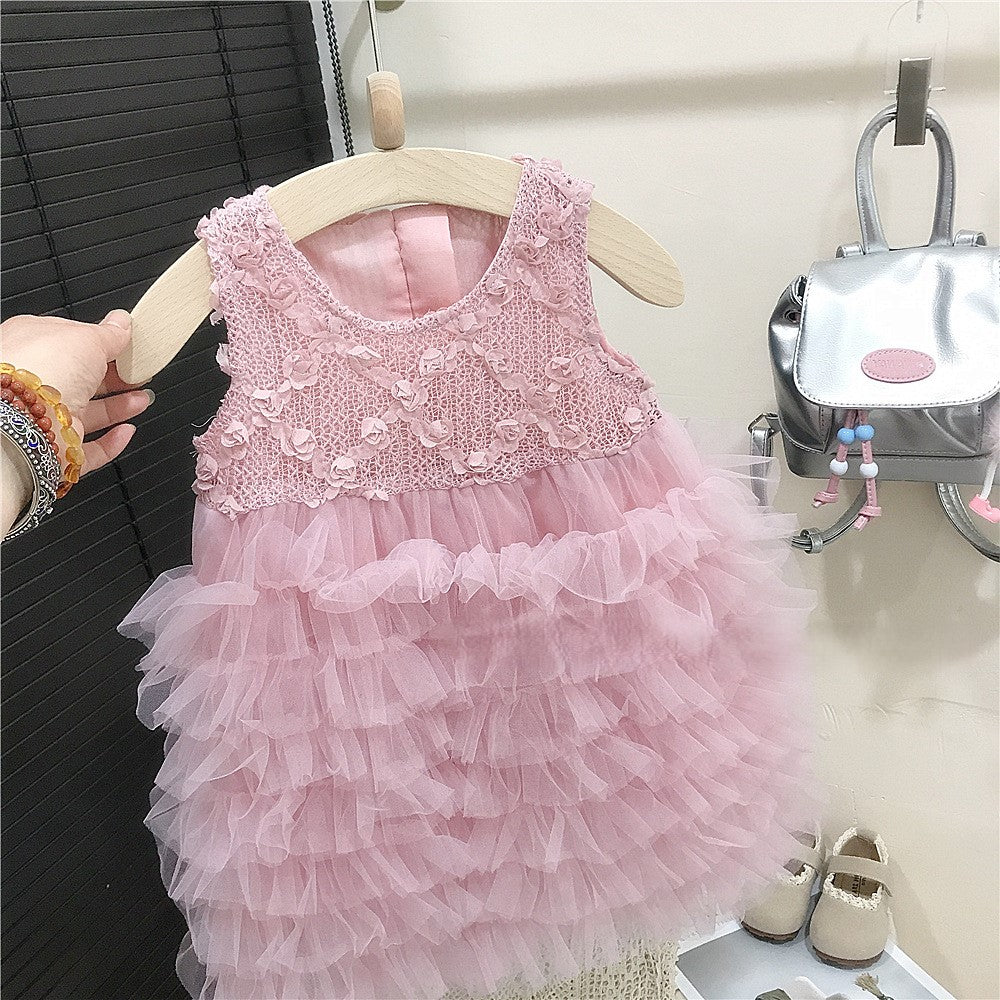 (In Production)Girls Spring&Summer Pink Floral Tulle Dress