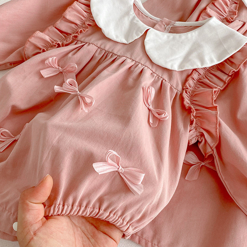 (In Production)Sisters Spring Pink Bow Doll Collar Dress&Romper