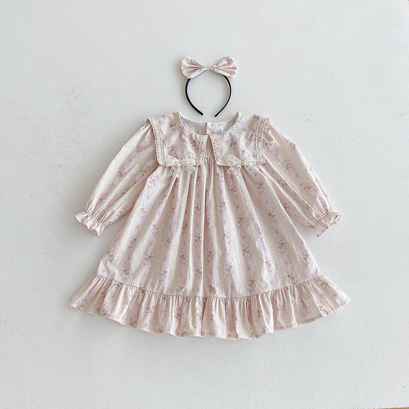 (In Production)Sisters Fall Floral Print Lace Bow Ruffle Dress&Romper