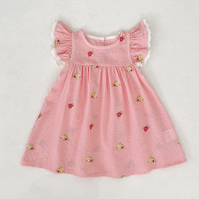 (In Production)Sisters Summer Floral Embroidery Flying Sleeves Dress&Romper