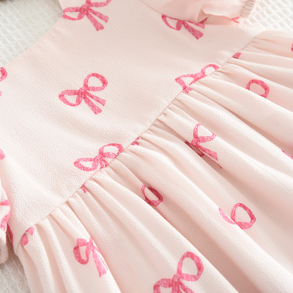 (In Production)Girls Spring and Summer Bow Print Puffed Sleeves Dress
