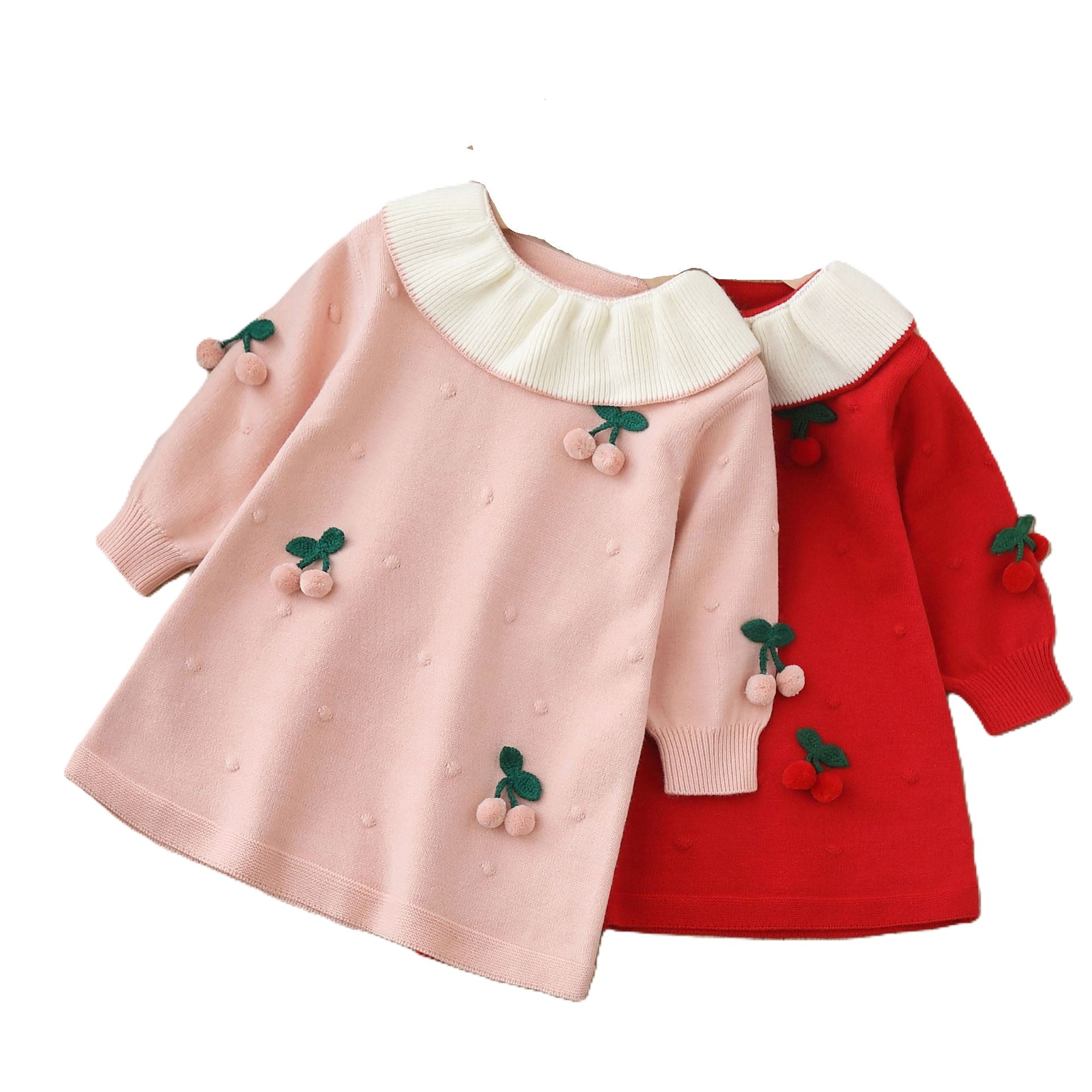 (In Production)Girls Christmas Red&Pink Cherry Doll Collar Sweater