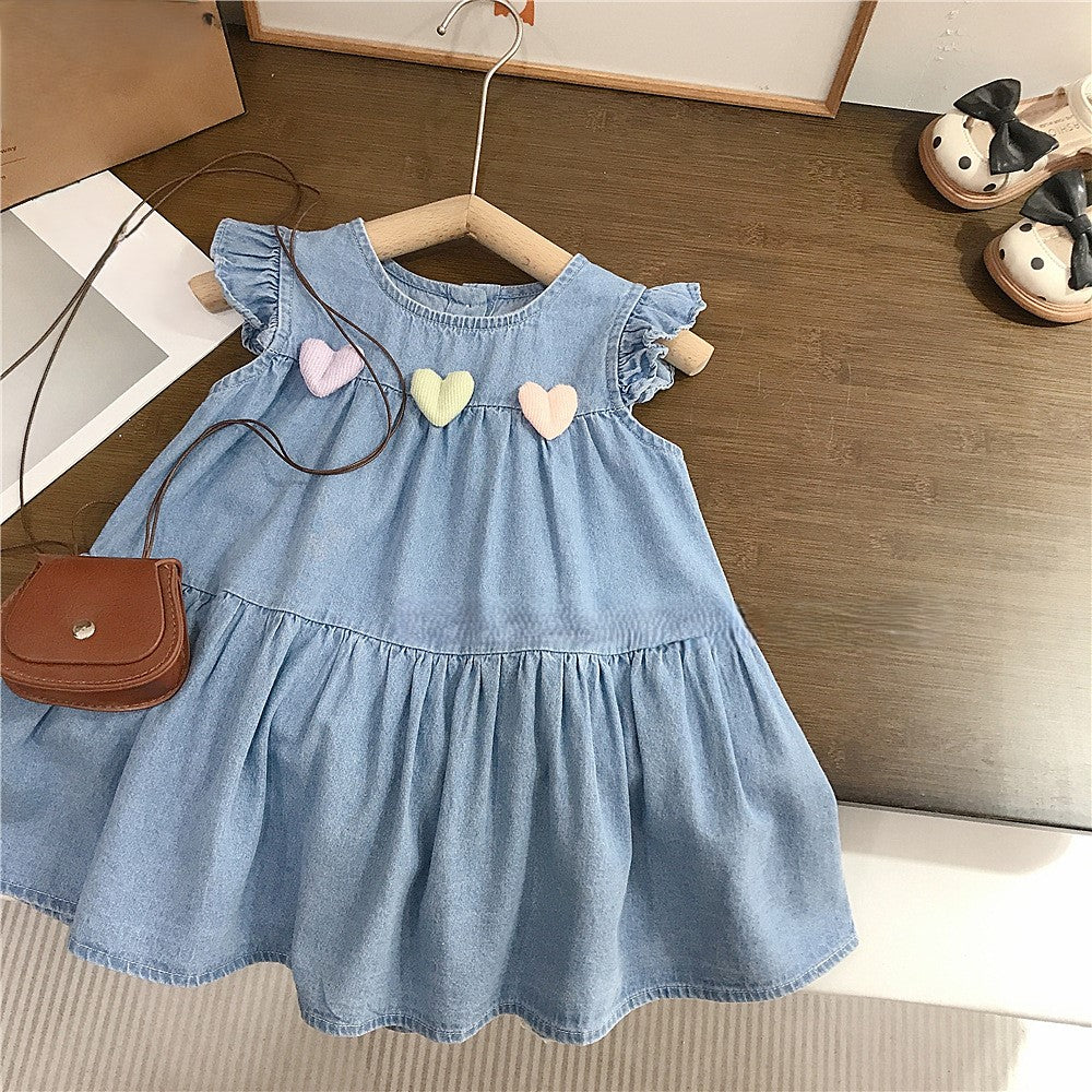 (In Production)Girls Spring&Summer Heart Denim Dress