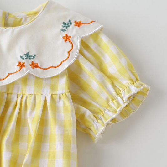(In Production)Toddler Girls Spring&Summer Embroidery Yellow Plaid Romper