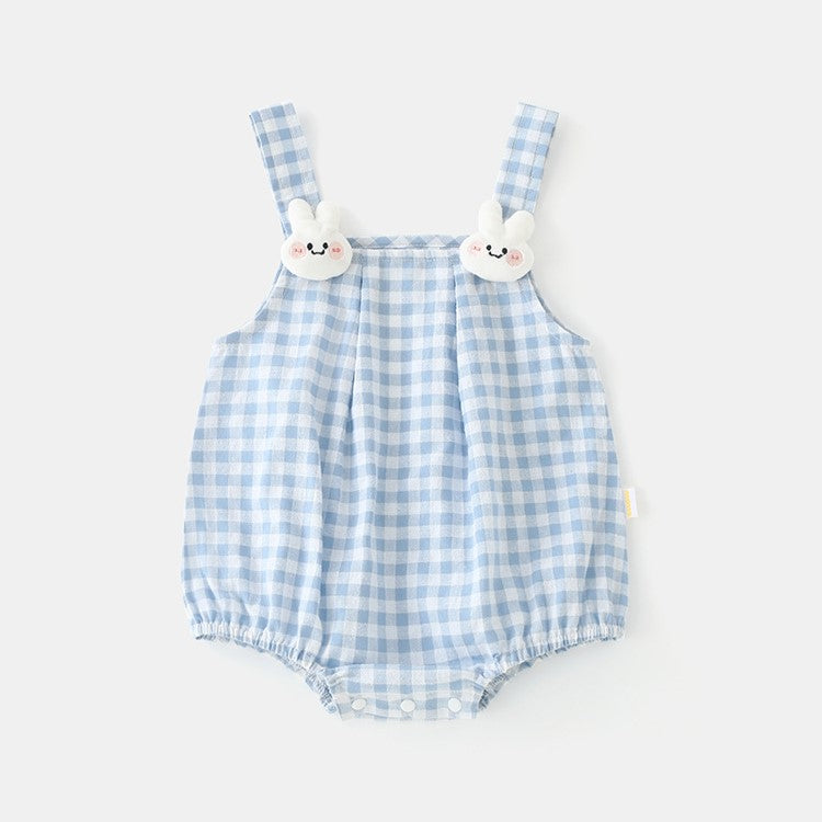(Pre Order)Toddler Girls Spring and Summer Baby Blue Plaid Cotton Romper